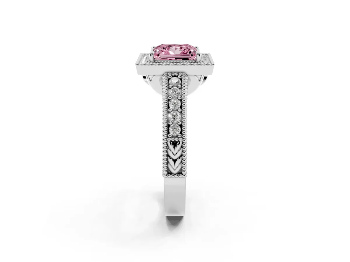 Fancy Pink Princess Cut Cut Halo Diamond Ring with Pavé Band and Four-Prong Setting White gold