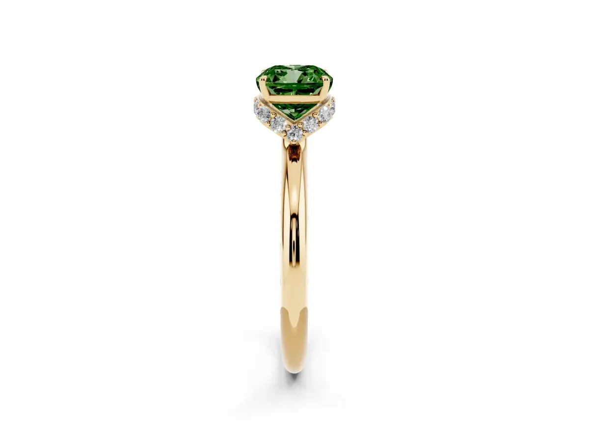 Fancy Green Cushion Cut Brilliant Solitaire Engagement Ring with Six-Prong Setting and Classic Band Yellow gold