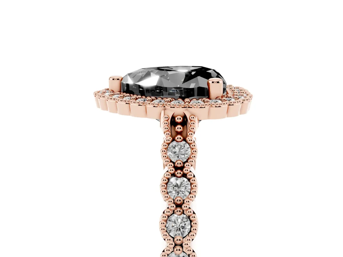 Fancy Black Heart Cut Cut Halo Pavé Solitaire Ring with Milgrain Band Rose gold