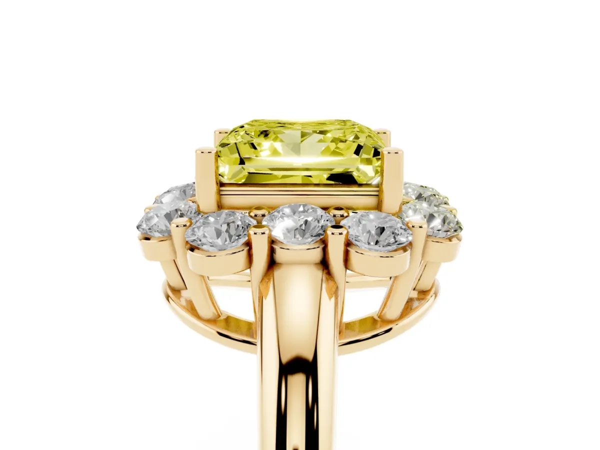 Fancy Yellow Princess Cut Halo Milgrain Solitaire with Bezel Set Side Stones and Pave Band Yellow gold
