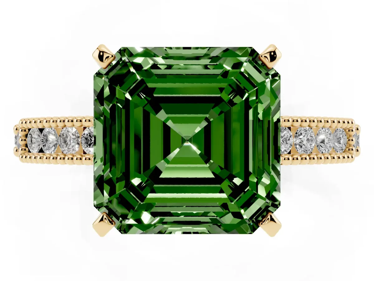 Fancy Green Asscher Cut Solitaire with Pavé Band and Four-Prong Setting Yellow gold