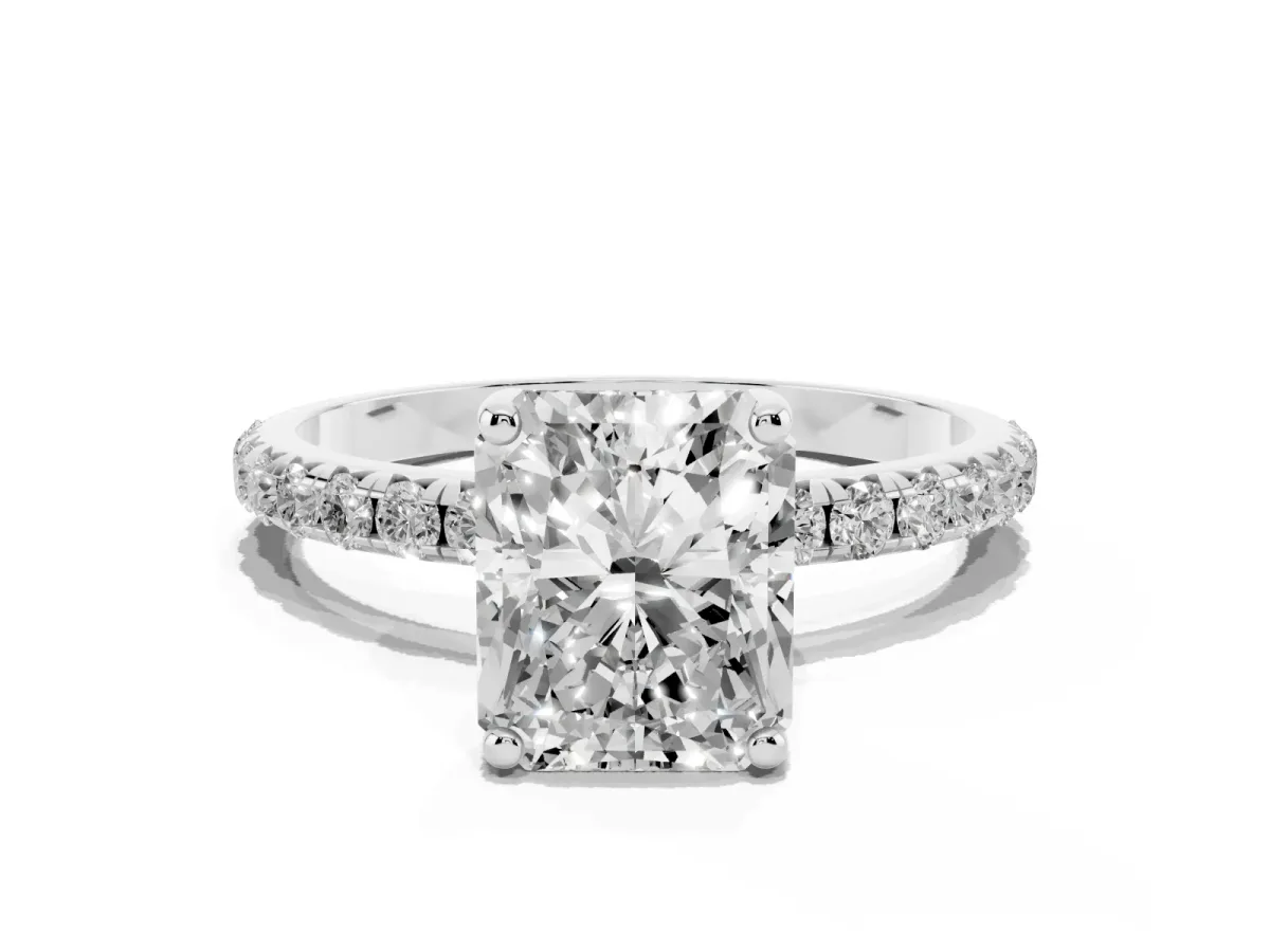 Radiant Cut Cut Diamond Solitaire Ring with Micro Pave Band and Four Prong Setting Silver