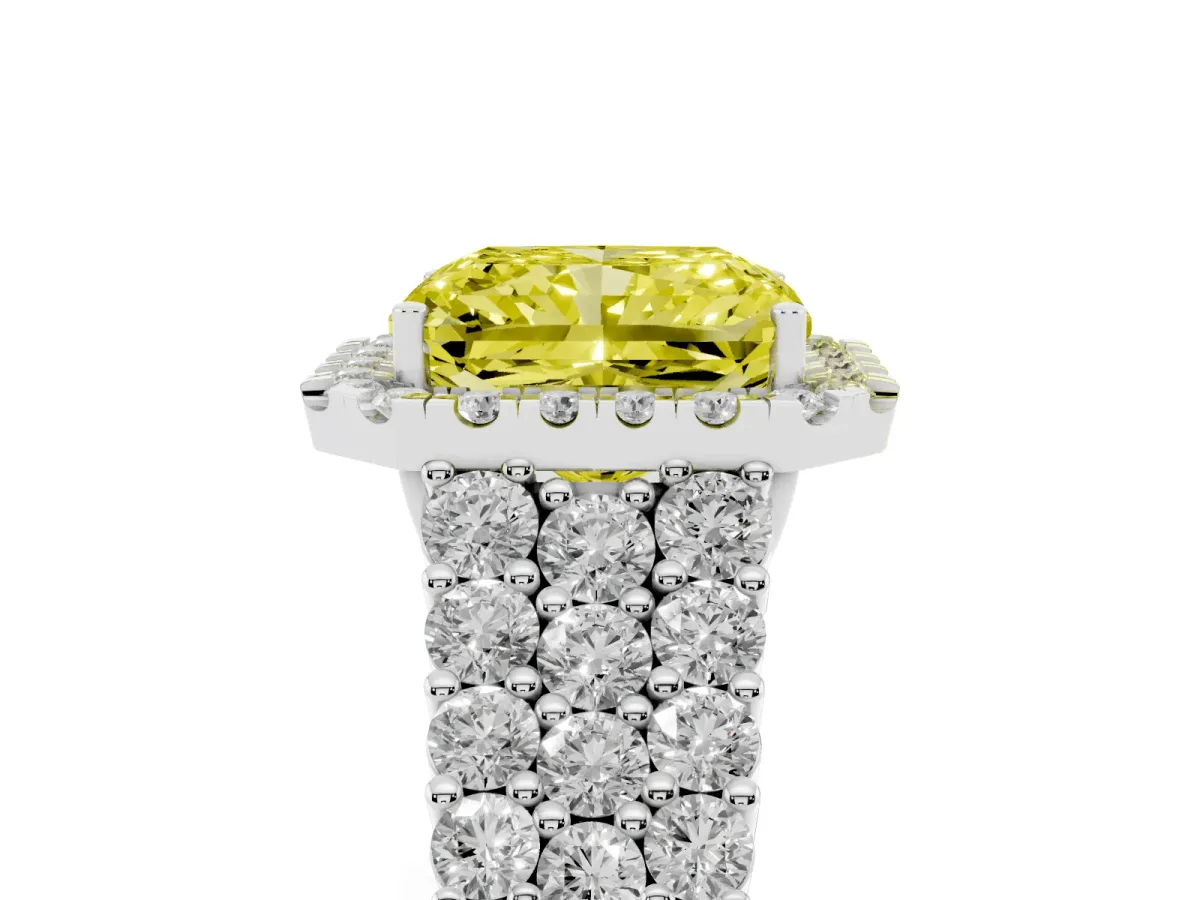 Fancy Yellow Radiant Cut Diamond Halo Engagement Ring with Triple Row Round Pavé Band and Prong Setting Platinum