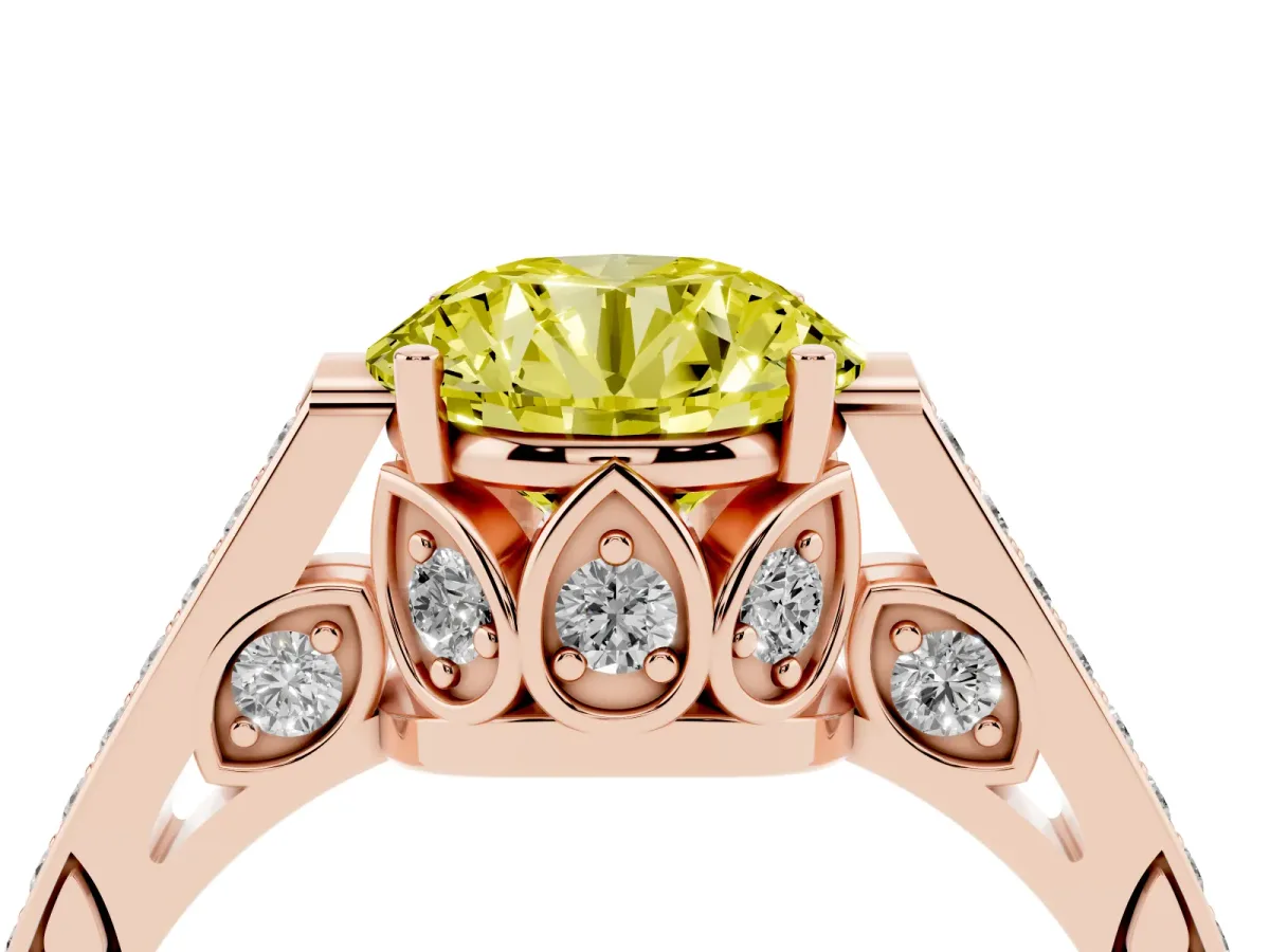 Fancy Yellow Round Cut Cut Cathedral Pave Diamond Engagement Ring with Six-Prong Setting Rose gold