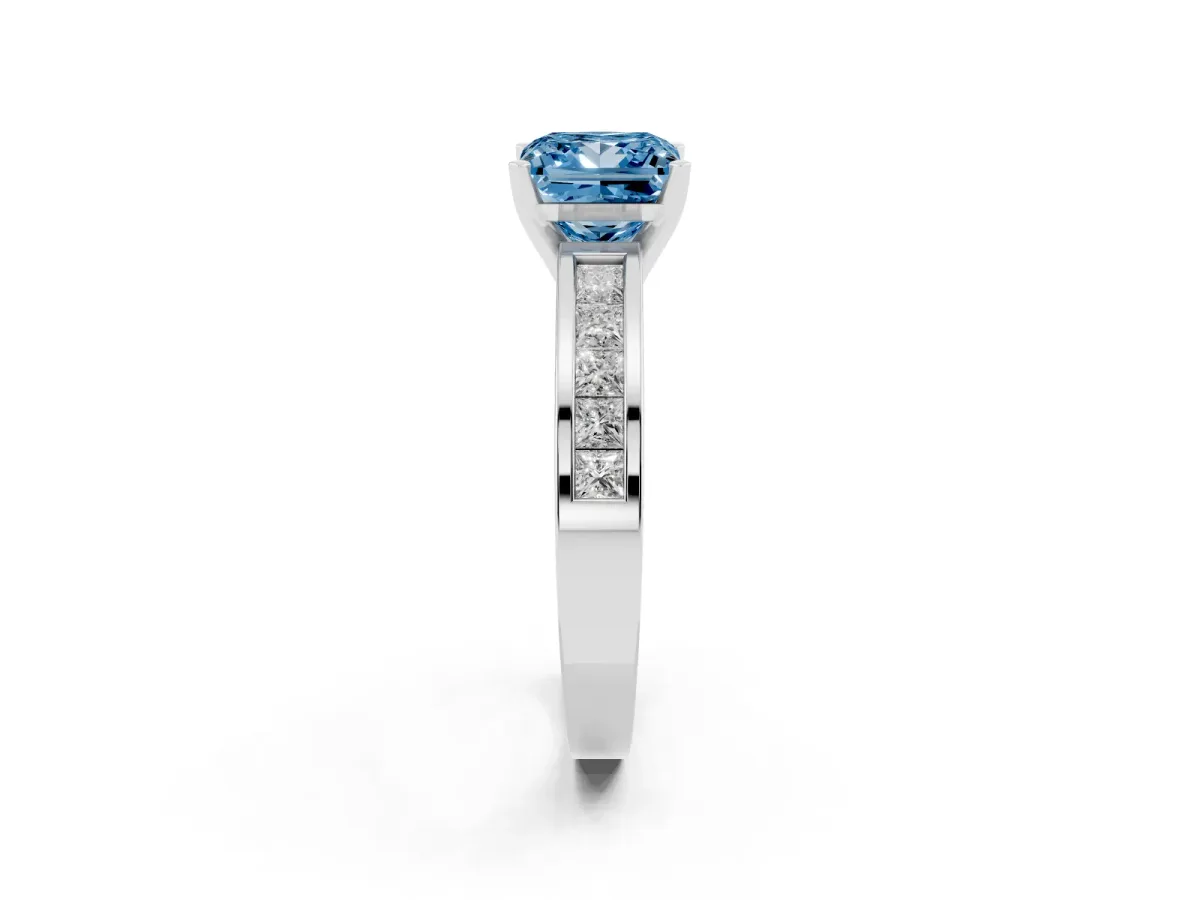 Fancy Blue Princess Cut Solitaire Diamond Ring with Channel-Set Band and Four-Prong Setting Platinum