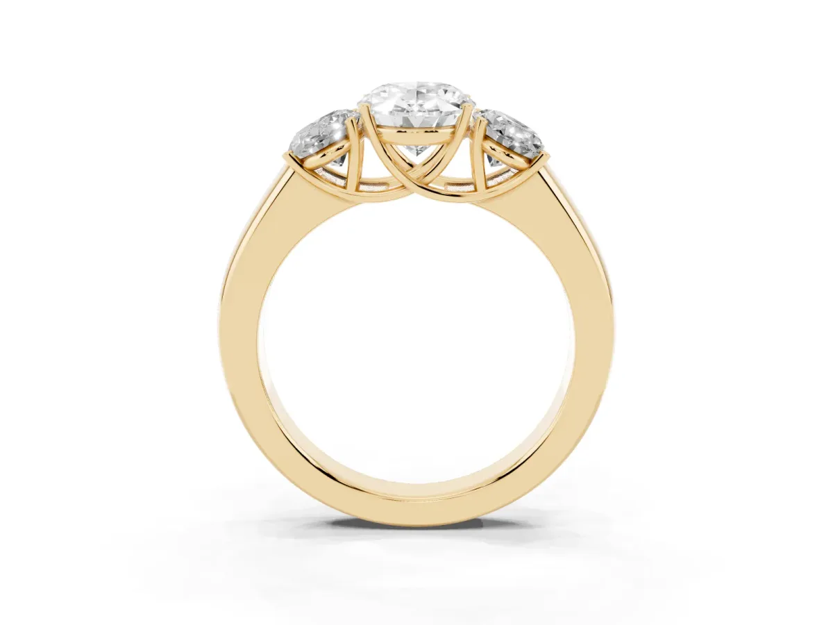 Three-Stone Oval Cut Cut Diamond Ring with Prong Setting and Classic Band Yellow gold