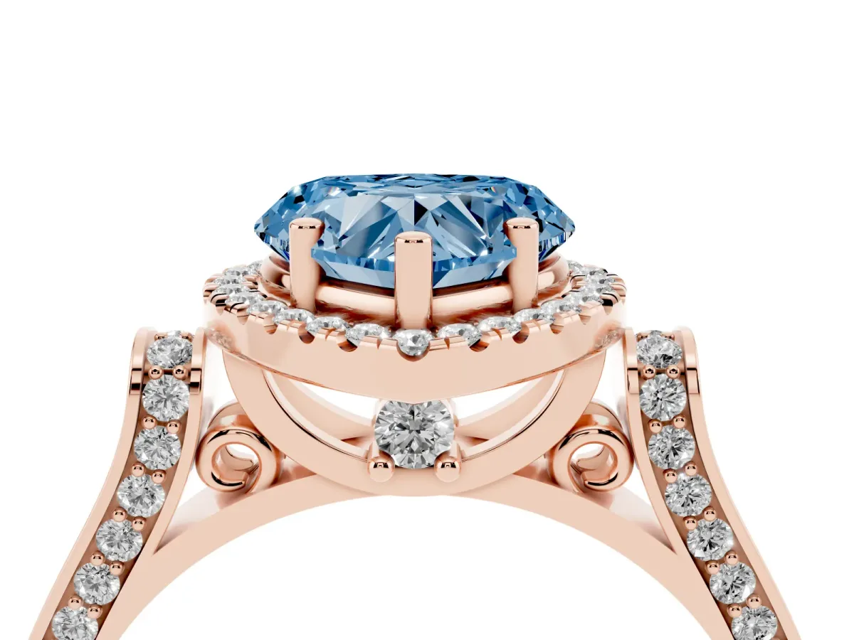 Fancy Blue Heart Cut Halo Pave Split Shank Prong Setting Ring Rose gold