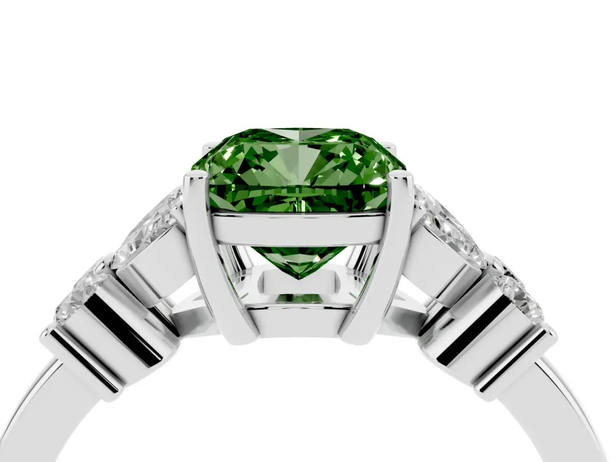 Fancy Green Cushion Cut Diamond Floral Cluster Ring with Solitaire Band and Prong Setting Platinum
