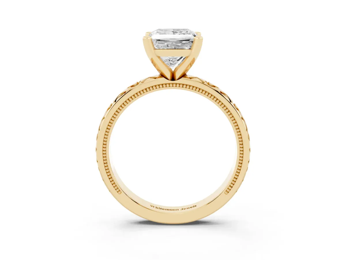 Princess Cut Solitaire Diamond Engagement Ring with XO Engraved Band and Four-Prong Setting Yellow gold