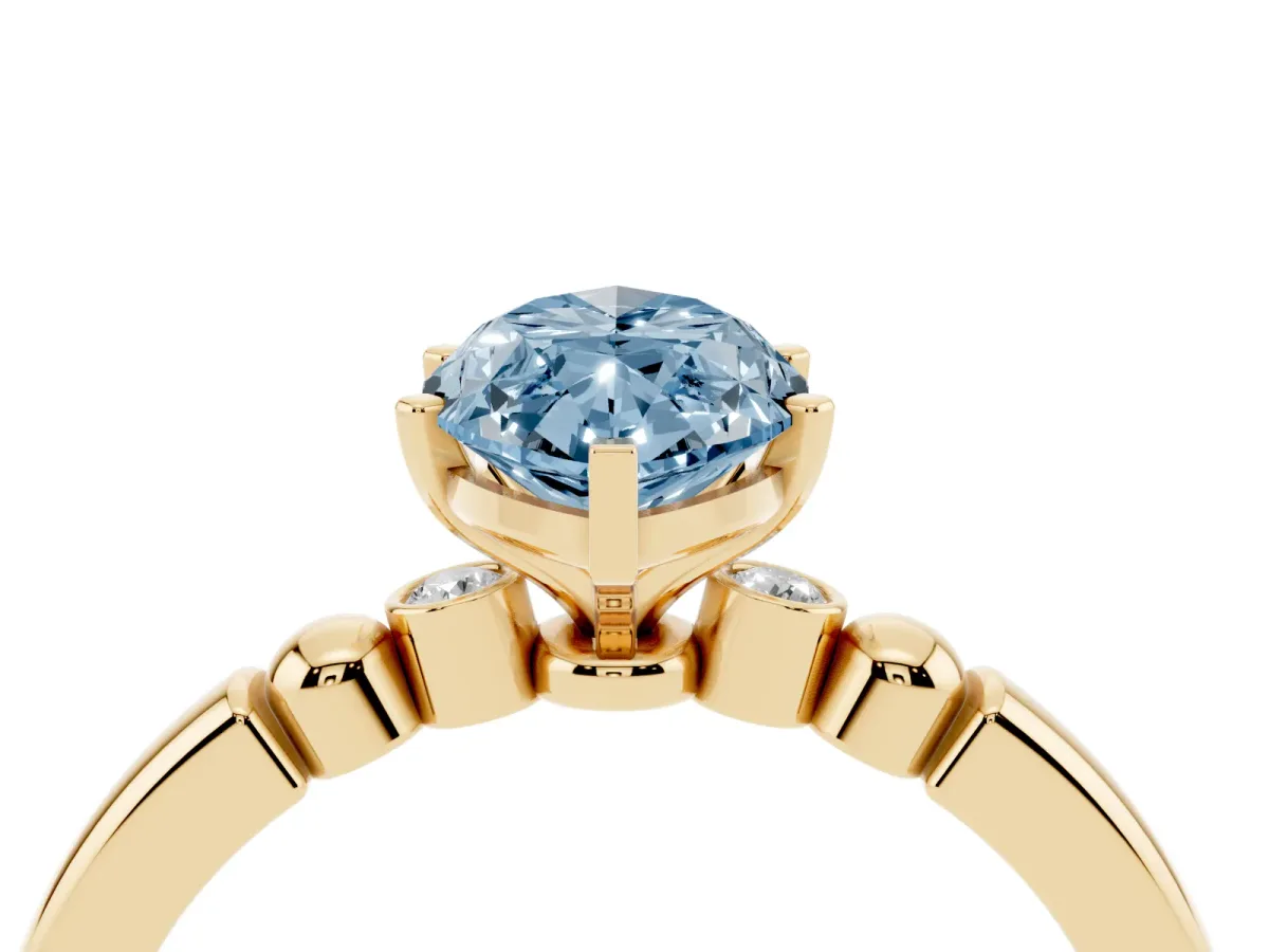 Fancy Blue Marquise Cut Solitaire Beaded Band with Four-Prong Setting Yellow gold
