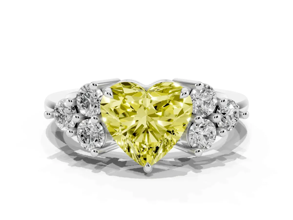 Fancy Yellow Heart Cut Brilliant Diamond Cluster Accent Solitaire Ring with Prong Setting Platinum