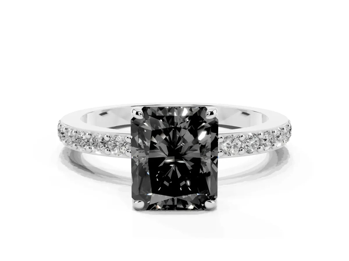 Fancy Black Radiant Cut Diamond Pavé Engagement Ring with Round Accents and Prong Setting Silver