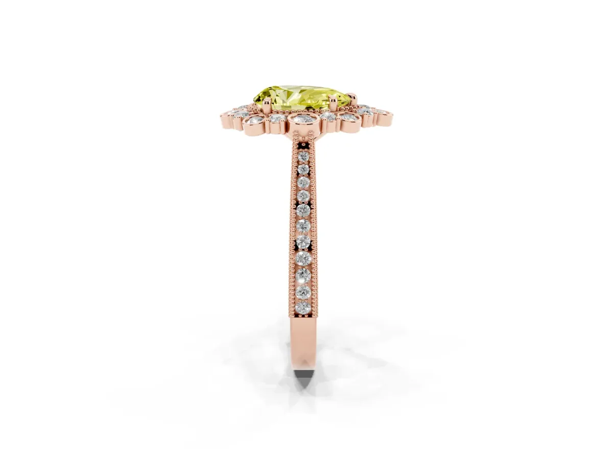 Fancy Yellow Pear Cut Halo Milgrain Pave Diamond Ring with Four-Prong Setting Rose gold