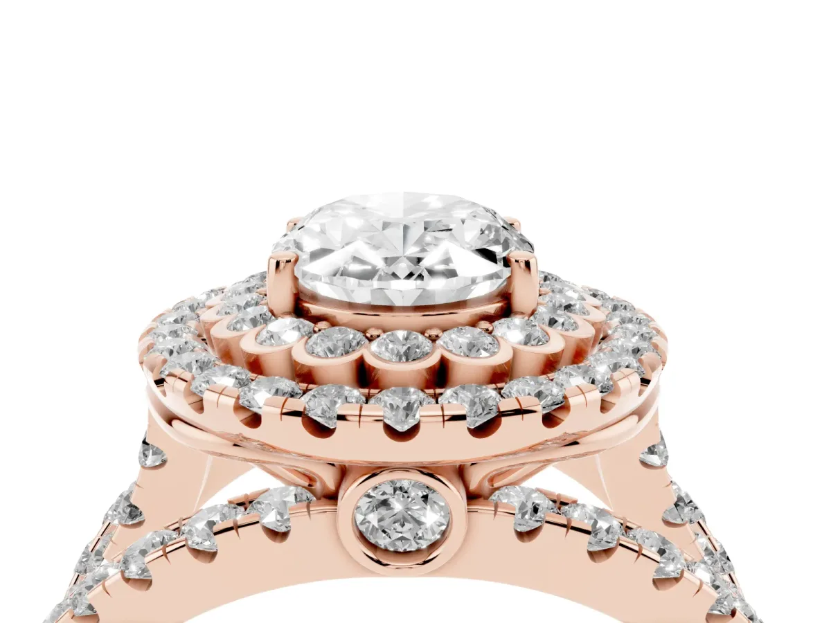 Oval Cut Diamond Double Halo Ring with Round Pavé Split Shank and Prong Setting Rose gold