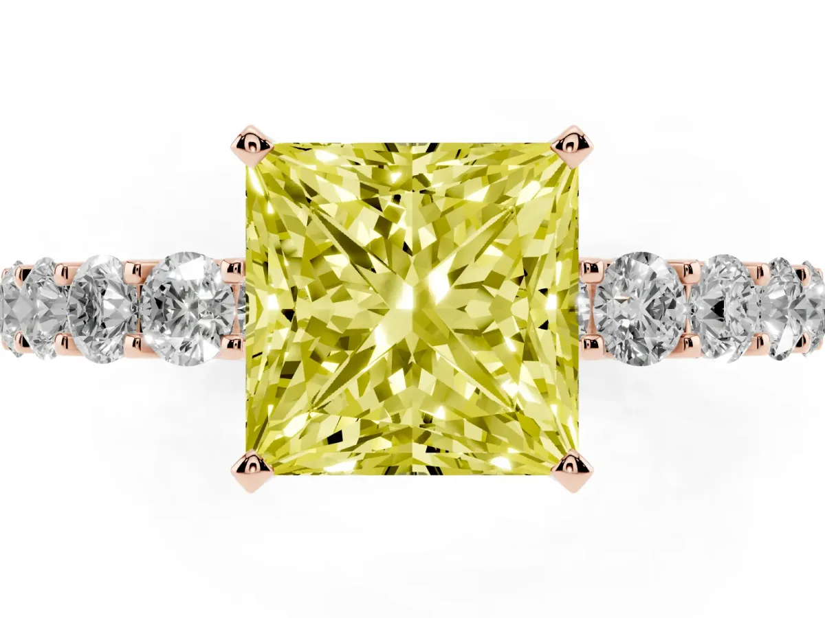 Fancy Yellow Princess Cut Diamond Solitaire Ring with Shared Prong Pavé Band and Four-Prong Setting Rose gold