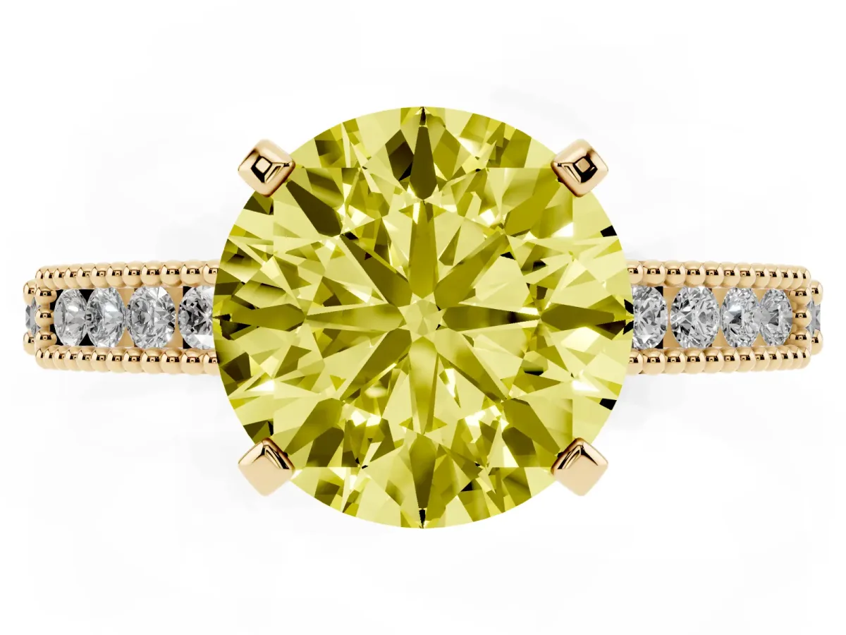 Fancy Yellow Round Cut Solitaire with Pavé Band and Four-Prong Setting Yellow gold