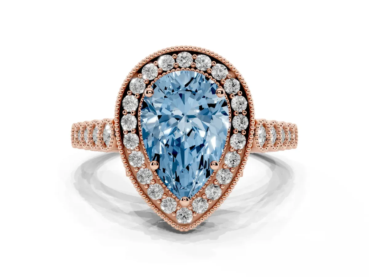 Fancy Blue Pear Cut Halo Milgrain Solitaire with Bezel Set Side Stones and Pave Band Rose gold