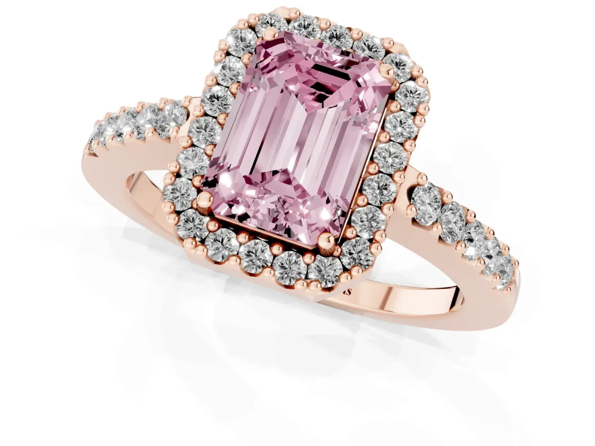 Fancy Pink Emerald Cut Halo Diamond Pavé Solitaire Ring Rose gold