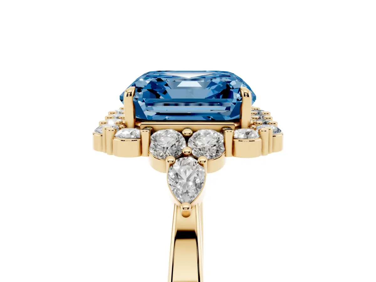 Fancy Blue Asscher Cut Diamond Halo Ring with Pear Side Stones and Prong Setting Yellow gold