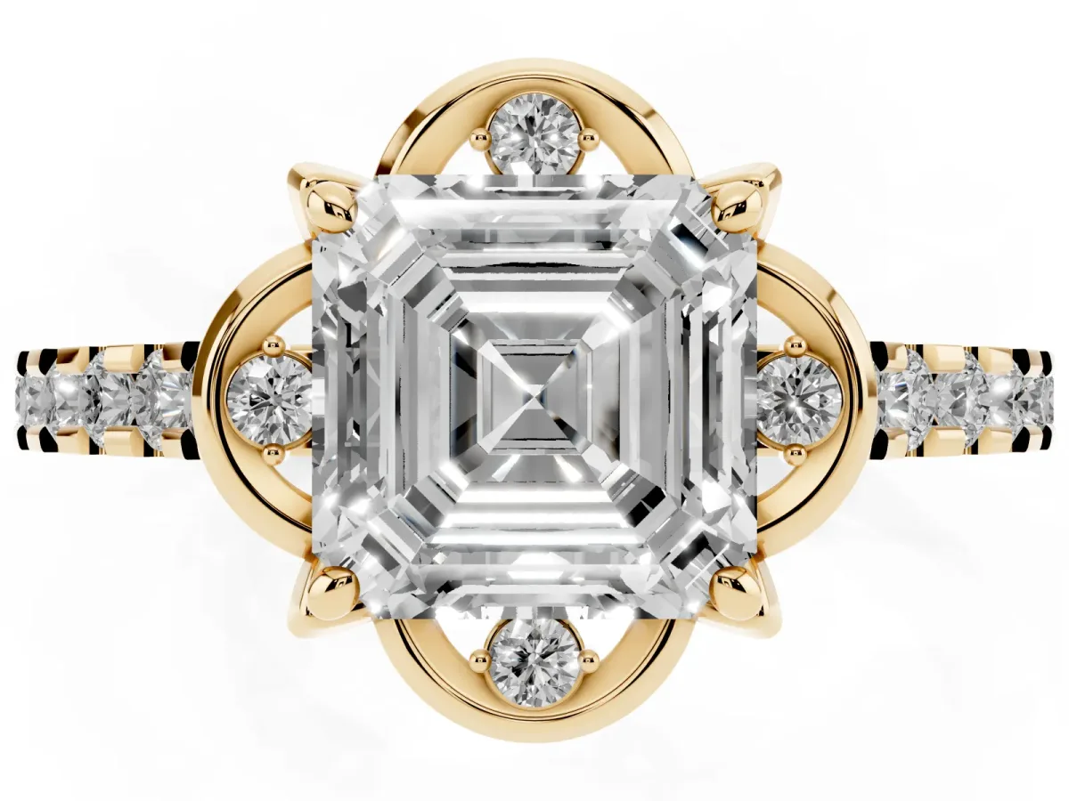 Asscher Cut Diamond Ring with Pavé Band and Floral Prong Setting Yellow gold