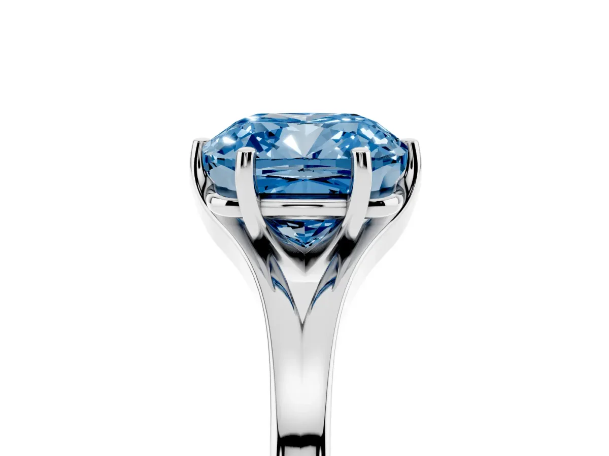 Fancy Blue Cushion Cut Solitaire Diamond Ring with Six-Prong Setting and Tapered Band Platinum
