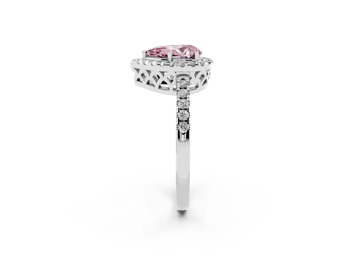 Fancy Pink Pear Cut Halo Diamond Engagement Ring with Pavé Band and Four-Prong Setting Silver