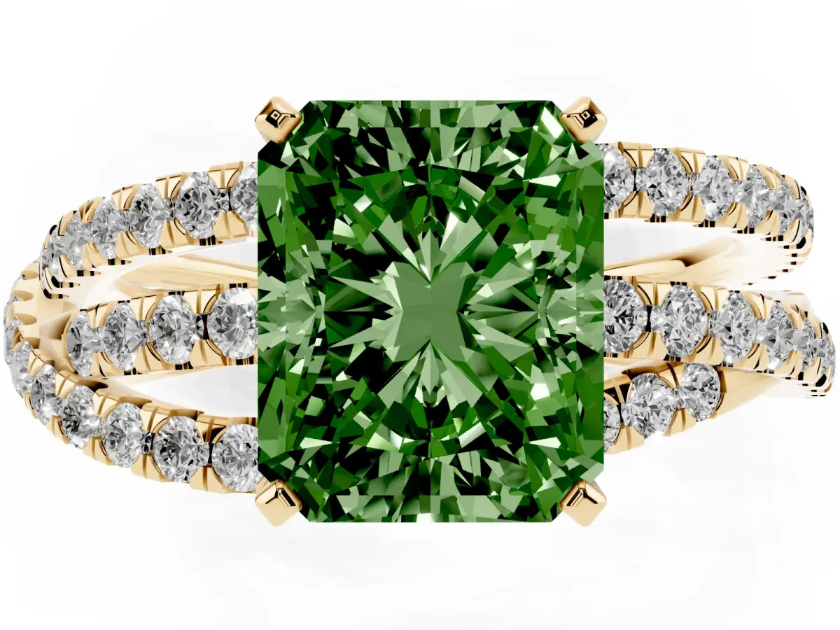 Fancy Green Radiant Cut Solitaire Twist Band with Pavé Setting and Four-Prong Setting Yellow gold