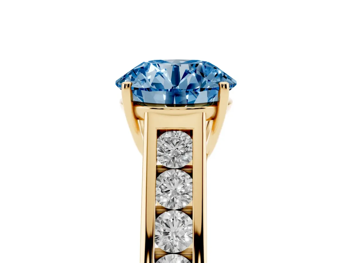 Fancy Blue Round Cut Solitaire Channel-Set Diamond Engagement Ring with Four-Prong Setting Yellow gold
