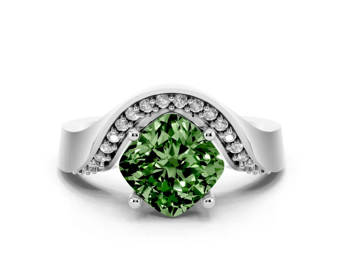 Fancy Green Cushion Cut Solitaire Diamond Engagement Ring with Pave Band and Four-Prong Setting White gold