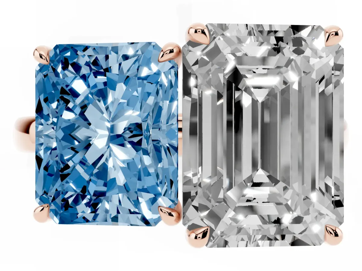 Fancy Blue Radiant Cut and Emerald Cut Toi Moi Ring with Prong Setting Rose gold
