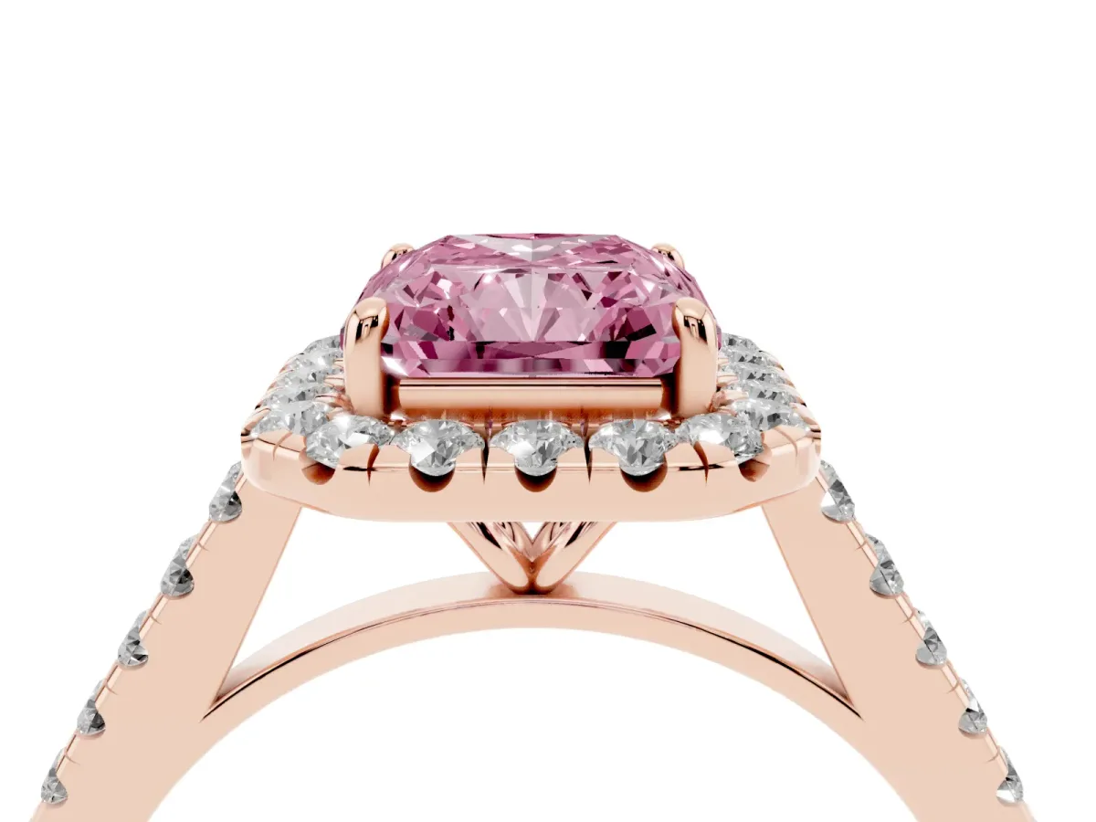 Fancy Pink Radiant Cut Halo Pave Diamond Engagement Ring with Four-Prong Setting Rose gold