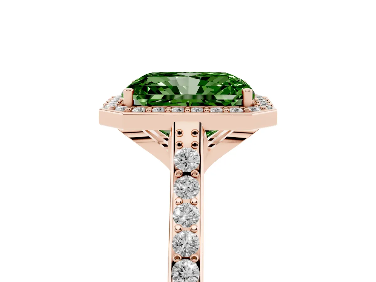 Fancy Green Radiant Cut Diamond Halo Engagement Ring with Round Pavé Shoulders and Prong Setting Rose gold