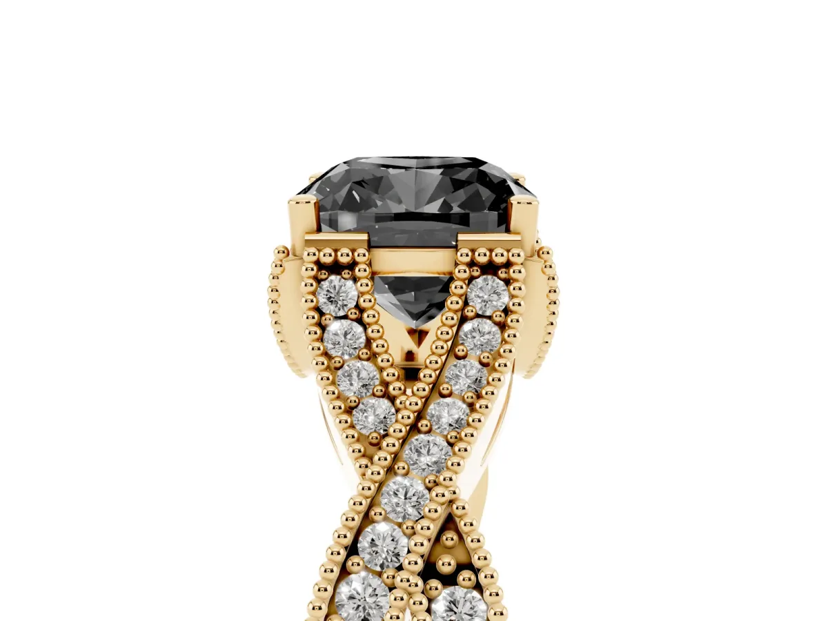 Fancy Black Cushion Cut Cut Diamond Twisted Band with Milgrain Pave Setting and Four-Prong Setting Yellow gold