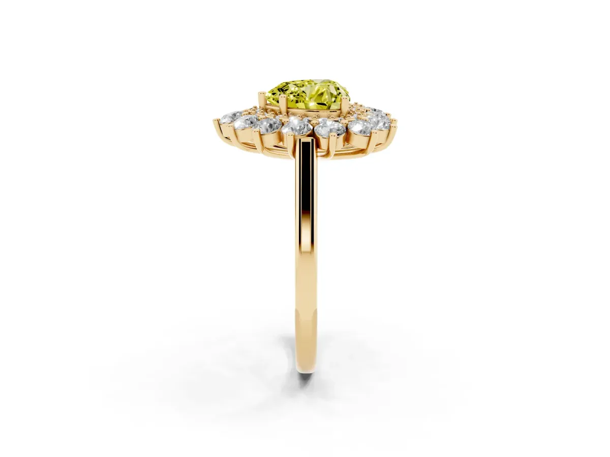 Fancy Yellow Heart Cut Diamond Floral Double Halo Engagement Ring with Prong Setting Yellow gold