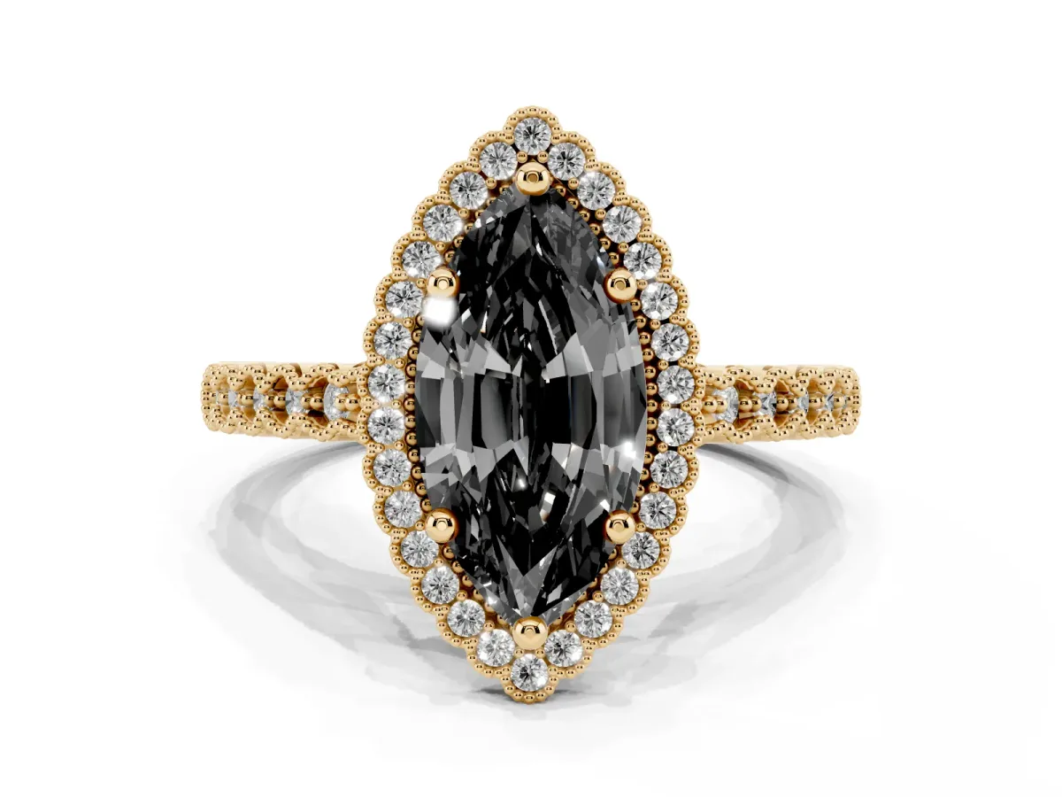 Fancy Black Marquise Cut Cut Halo Pavé Solitaire Ring with Milgrain Band Yellow gold