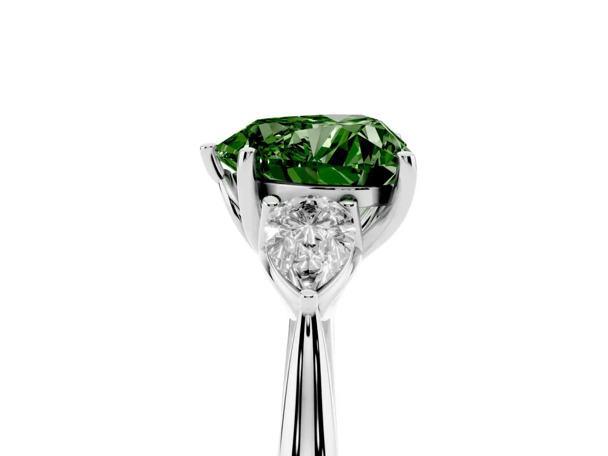 Fancy Green Three-Stone Heart Cut Brilliant Diamond Solitaire Ring with Tapered Band and Four-Prong Setting Silver