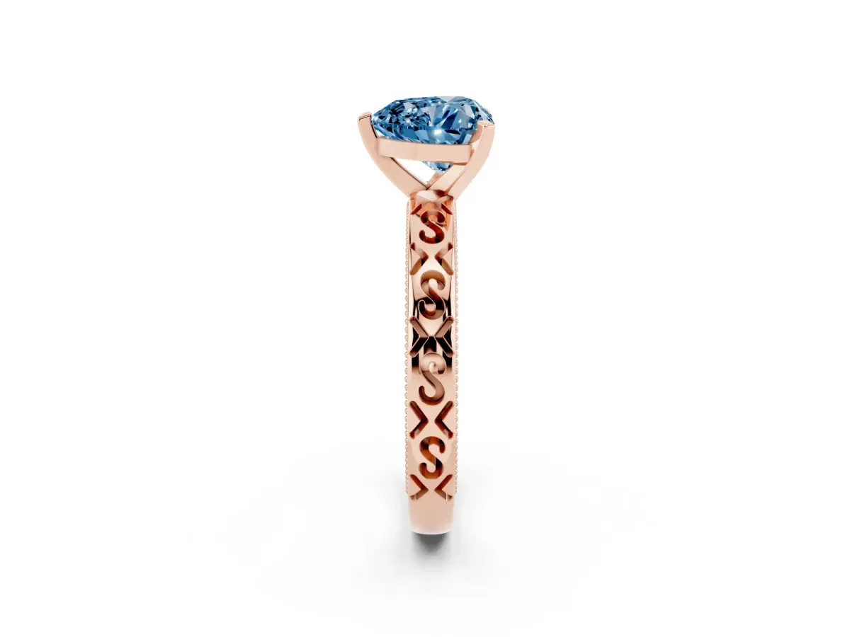 Fancy Blue Heart Cut Solitaire Engagement Ring with Scrollwork Band and Four-Prong Setting Rose gold