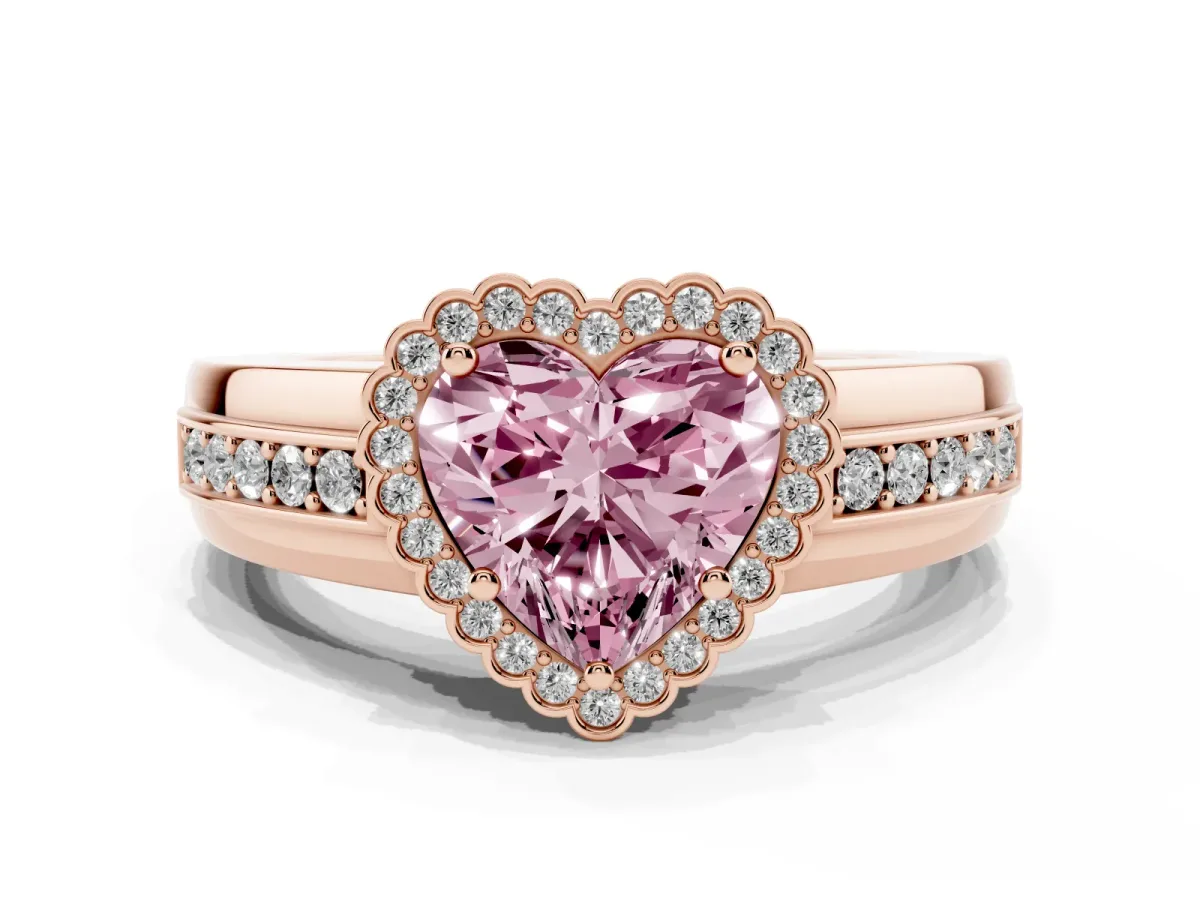 Fancy Pink Heart Cut Cut Halo Pave Band Four-Prong Ring Rose gold