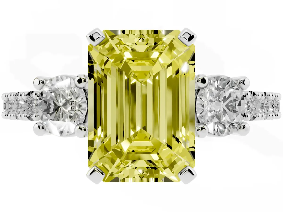 Fancy Yellow Emerald Cut Three-Stone Diamond Pavé Band with Prong Setting Platinum
