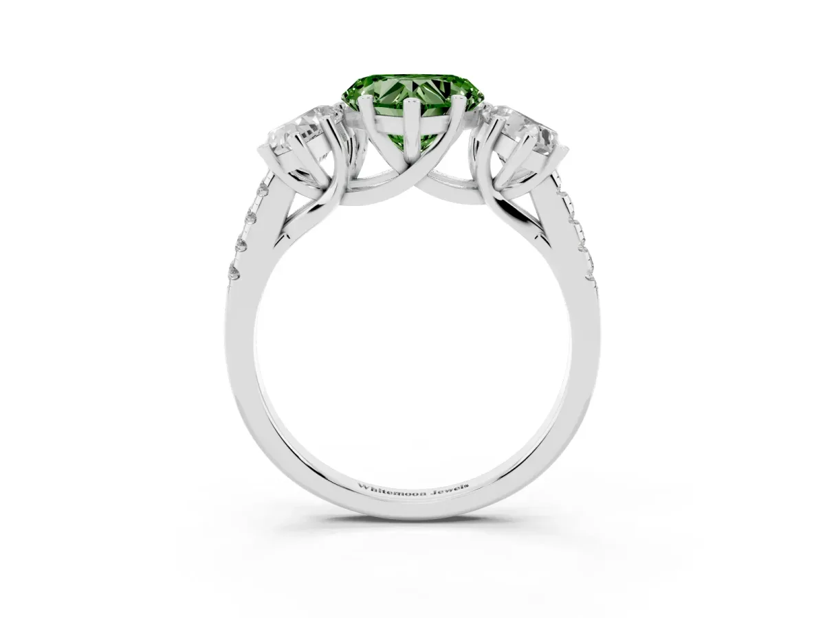Fancy Green Three-Stone Heart Cut Diamond Ring with Round Pavé Band and Prong Setting Silver