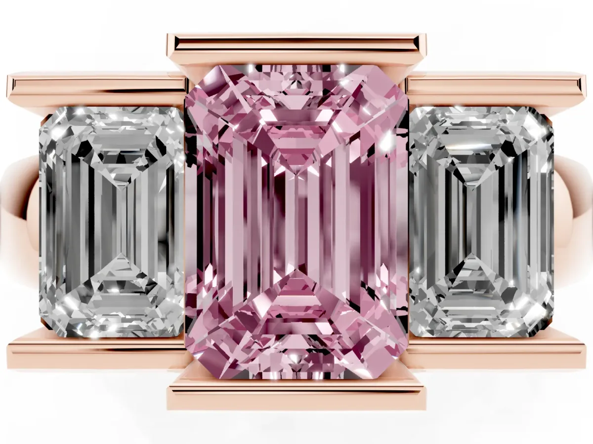 Fancy Pink Three Stone Emerald Cut Cut Channel Set Diamond Ring Rose gold