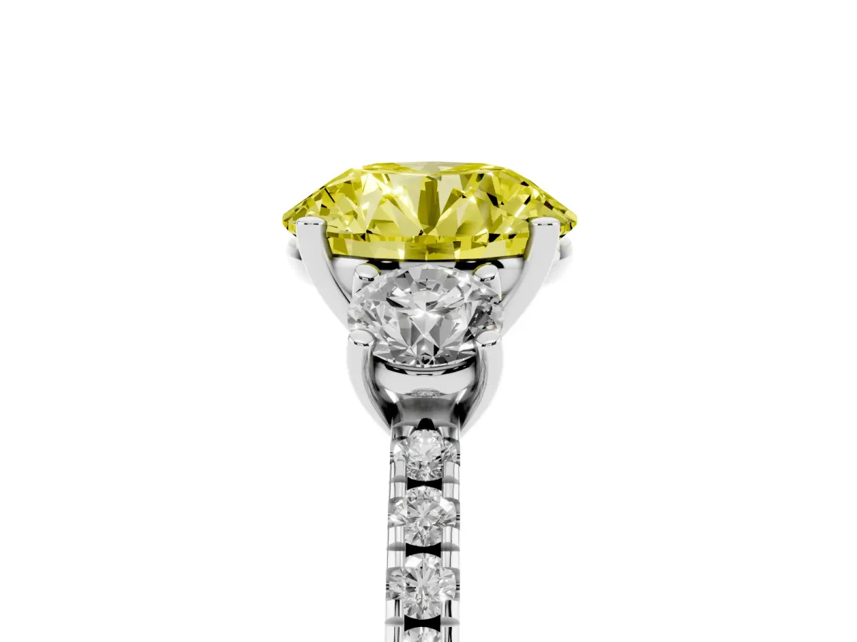 Fancy Yellow Three-Stone Round Cut Cut Diamond Pavé Band with Prong Setting Platinum