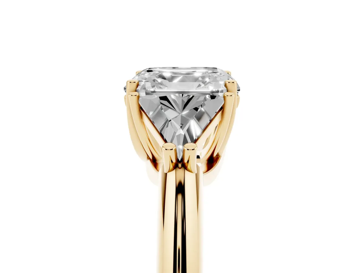 Three-Stone Asscher Cut Diamond Engagement Ring with Trillion Side Stones and Prong Setting Yellow gold