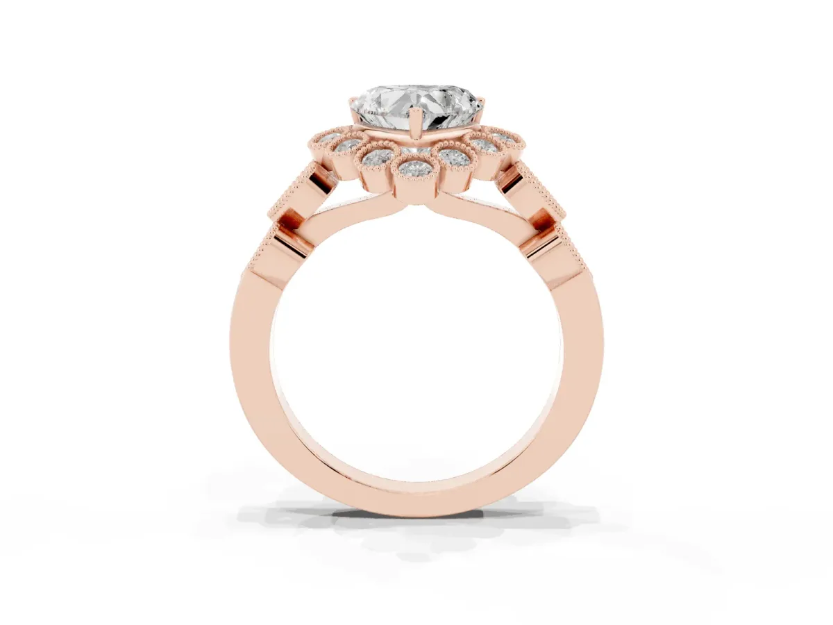 Heart Cut Brilliant Milgrain Pave Heart Band Solitaire Ring Rose gold