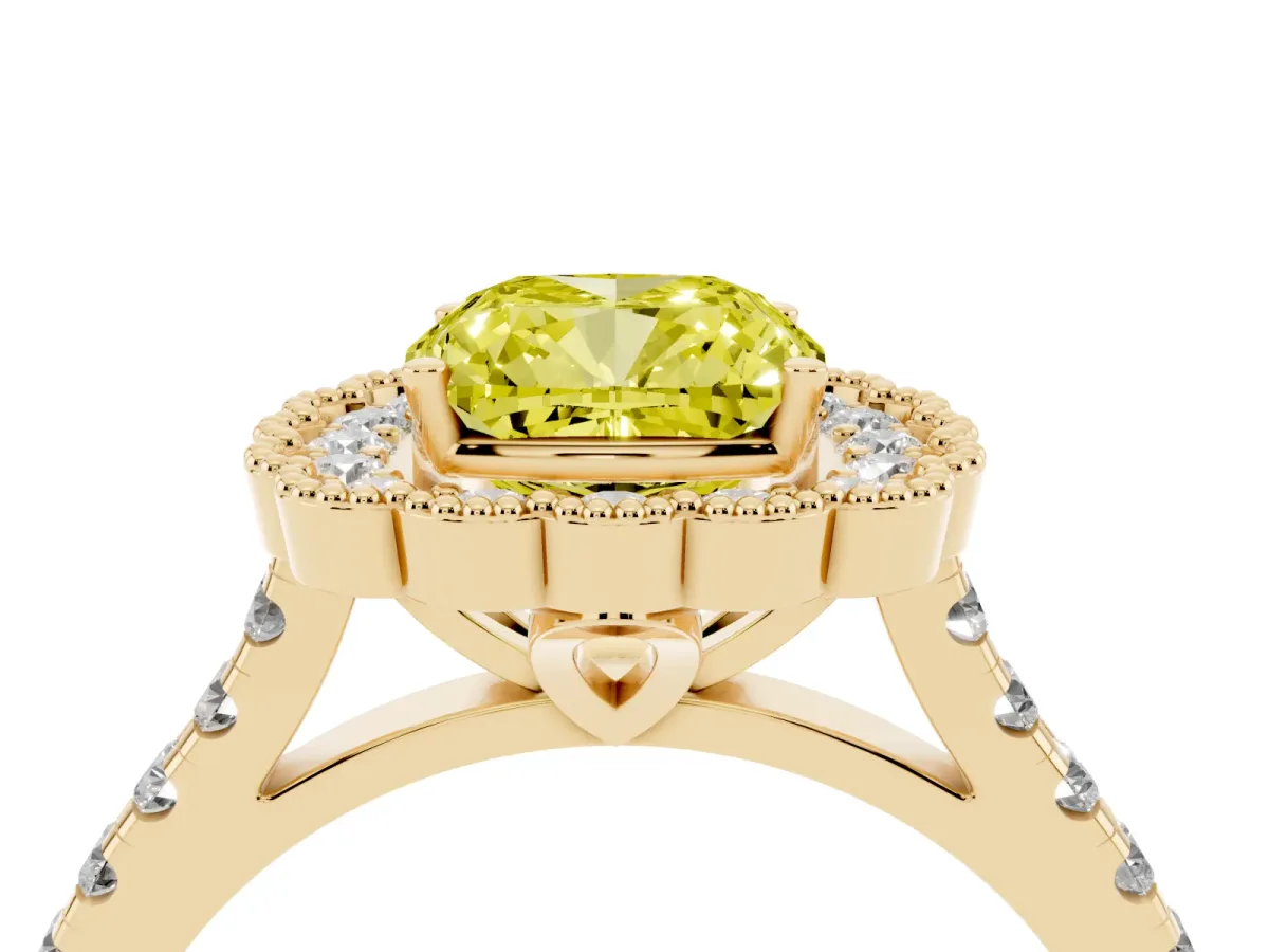 Fancy Yellow Cushion Cut Cut Diamond Milgrain Floral Halo Engagement Ring with Pavé Band Yellow gold