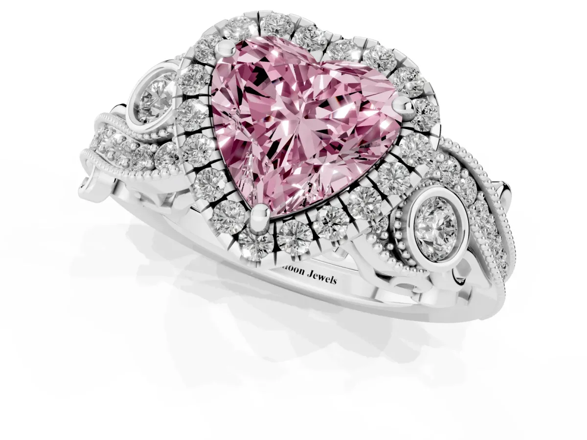 Fancy Pink Heart Cut Halo Diamond Ring with Milgrain and Bezel Accents on a Split Shank Band Platinum