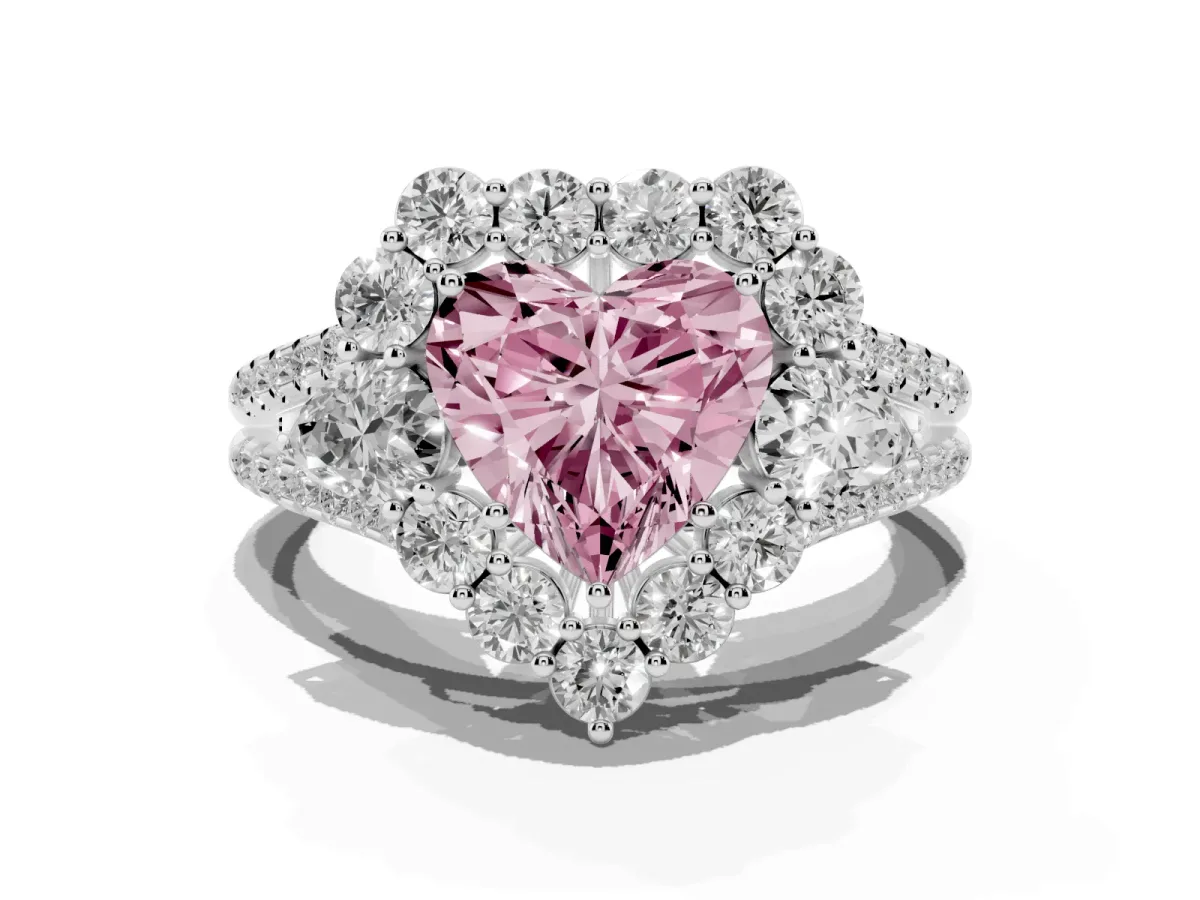 Fancy Pink Heart Cut Halo Split Shank Diamond Engagement Ring with Prong Setting Silver
