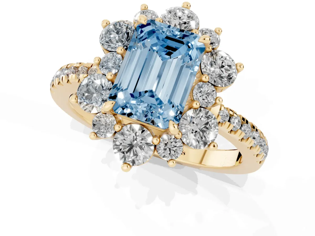 Fancy Blue Emerald Cut Diamond Floral Halo Ring with Round Pavé Band and Prong Setting Yellow gold