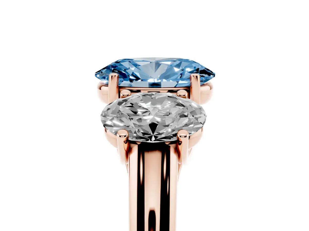 Fancy Blue Three-Stone Oval Cut Diamond Engagement Ring with Prong Setting Rose gold