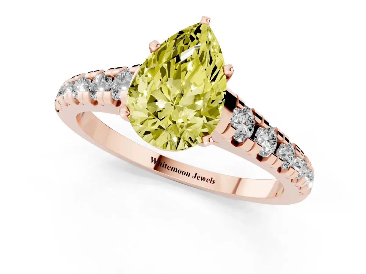 Fancy Yellow Pear Cut Diamond Cathedral Solitaire Ring with Round Pavé Band Rose gold